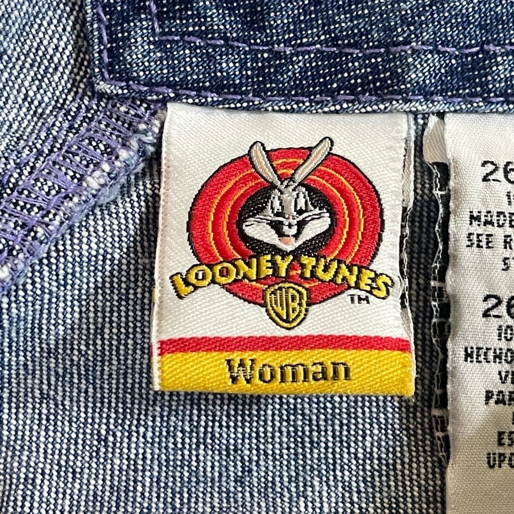 Vintage Looney Tunes Tweety Denim Cargo Bib Overall Shorts Plus Size 26W/28W - Picture 11 of 13